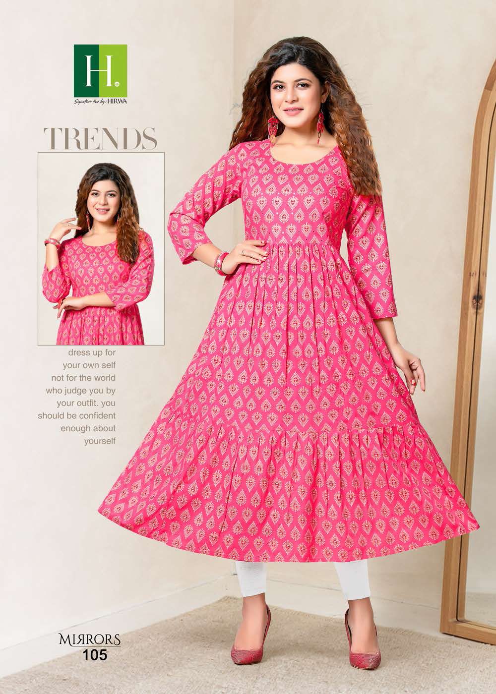 Hirwa Mirrors Heavy Rayon Printed Ethnic Wear Anarkali Kurti Collection